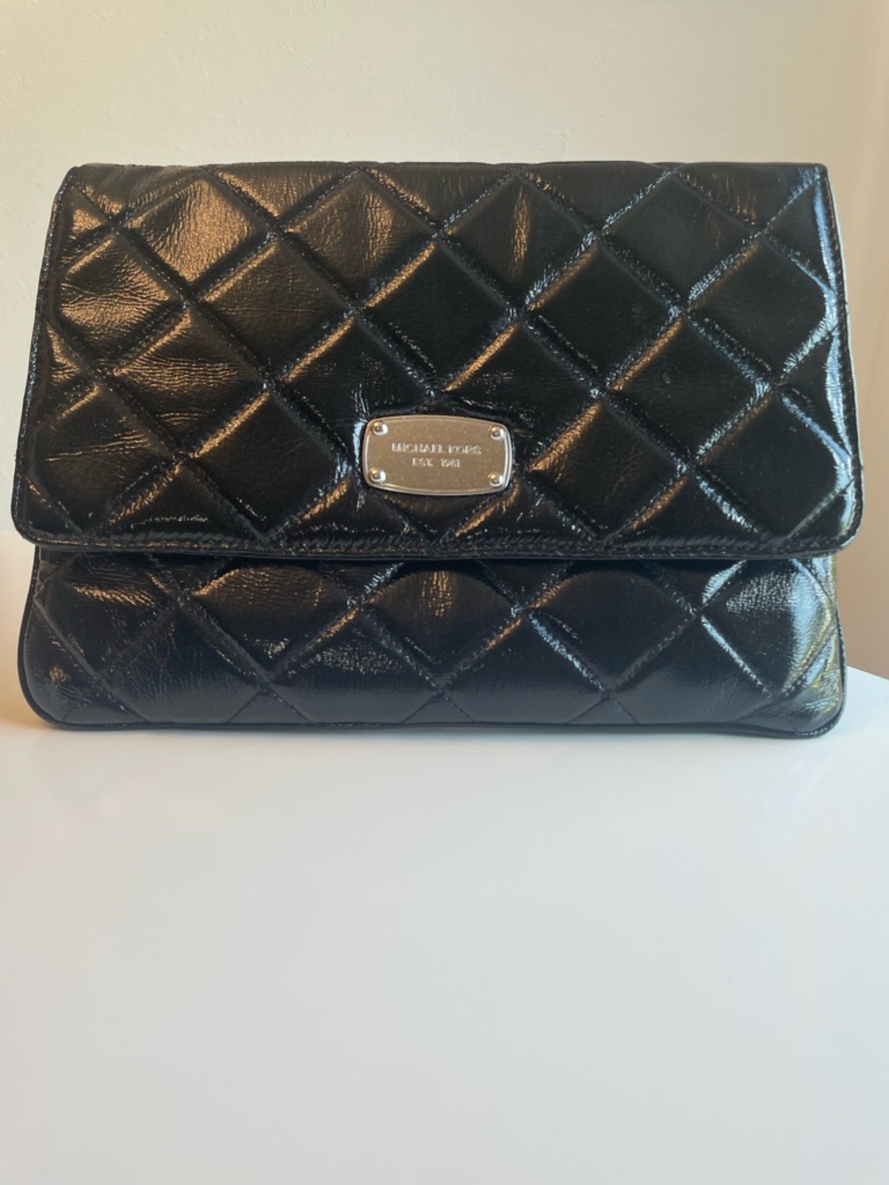 Michael Kors Black Quilted Patent Leather Clutch with chrome and leather strap